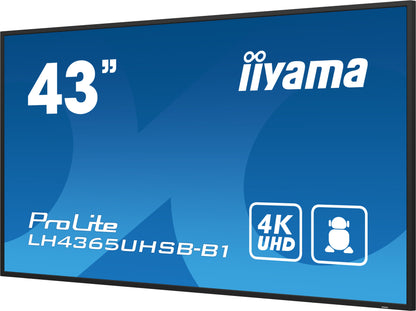 iiyama LH4365UHSB-B1 Signage Display Kiosk design 108 cm (42.5") LED Wi-Fi 800 cd/m² 4K Ultra HD Black Built-in processor Android 11 24/7